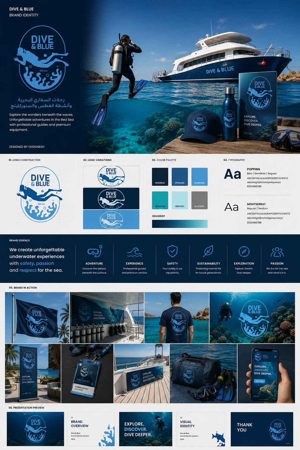 Dive & Blue brand identity board
