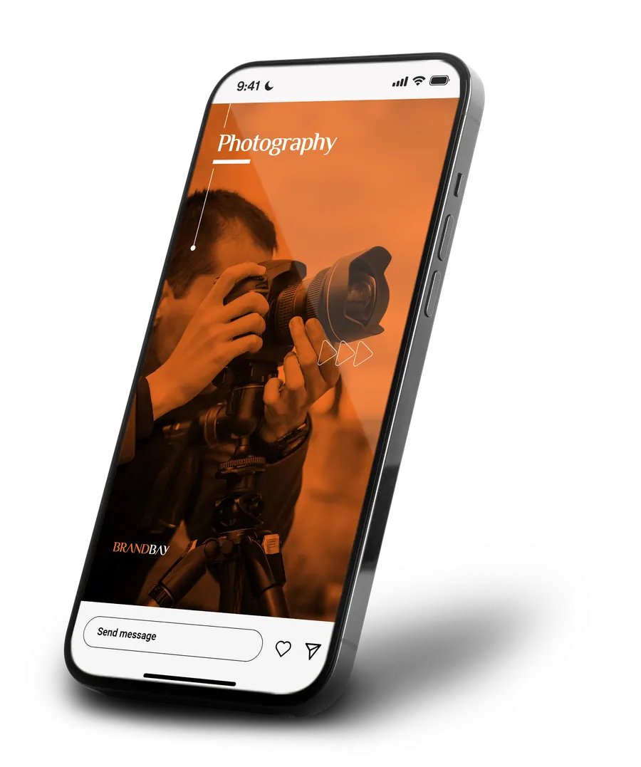 Brand Bay story on a phone: a photographer behind a camera under the word photography