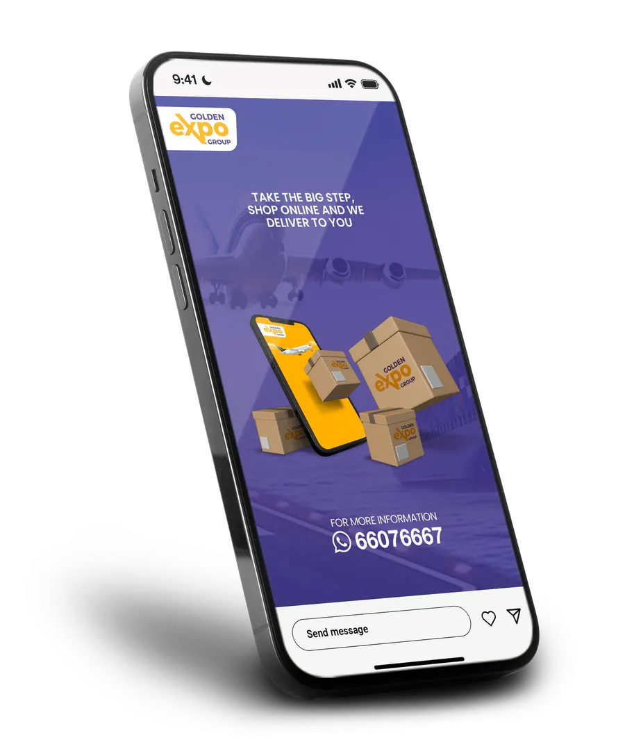 Golden Expo Group story on a phone: a shop online post with parcels stacked around a handset